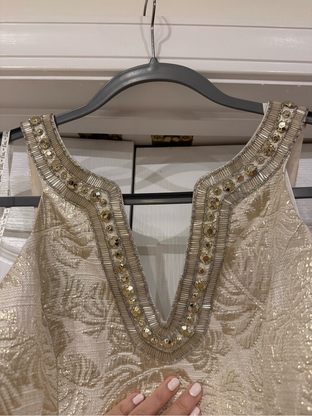 Lilly Pulitzer Ivory and Gold Leaf Embellished Mini Dress. - Picture 11 of 11